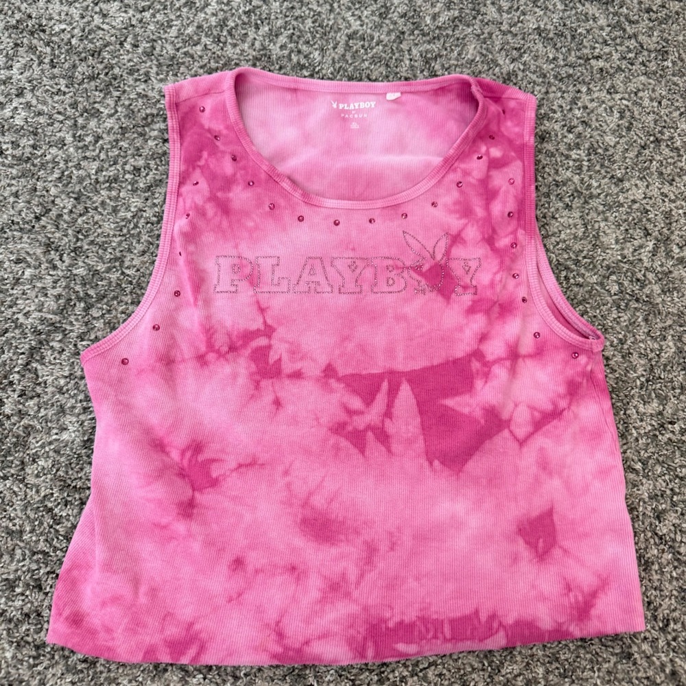 Playboy by PacSun Pink Tie Dye Rhinestone Ribbed Tank Top XL Womens Crop Top